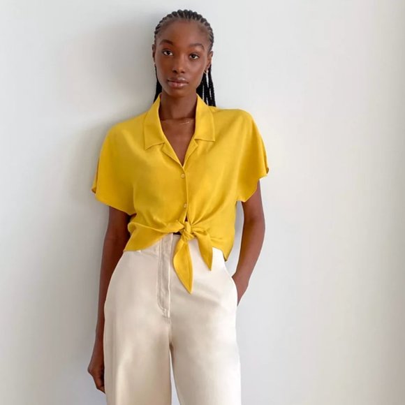 Aritzia WILFRED FREE⎮The Tie-Front Blouse⎮cropped button front⎮dark teal blue⎮S - Picture 15 of 16